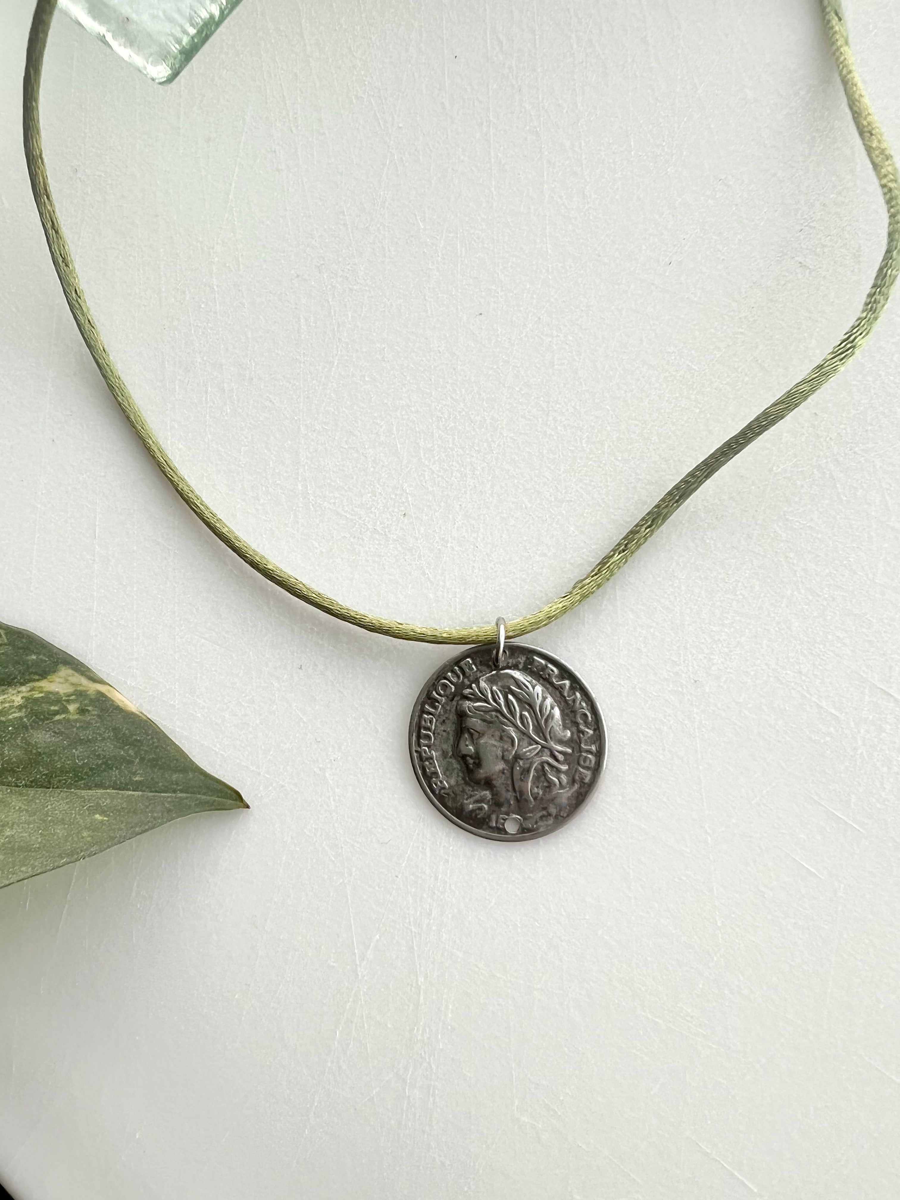 French Coin Pendant Choker On Charmeuse Green Cord