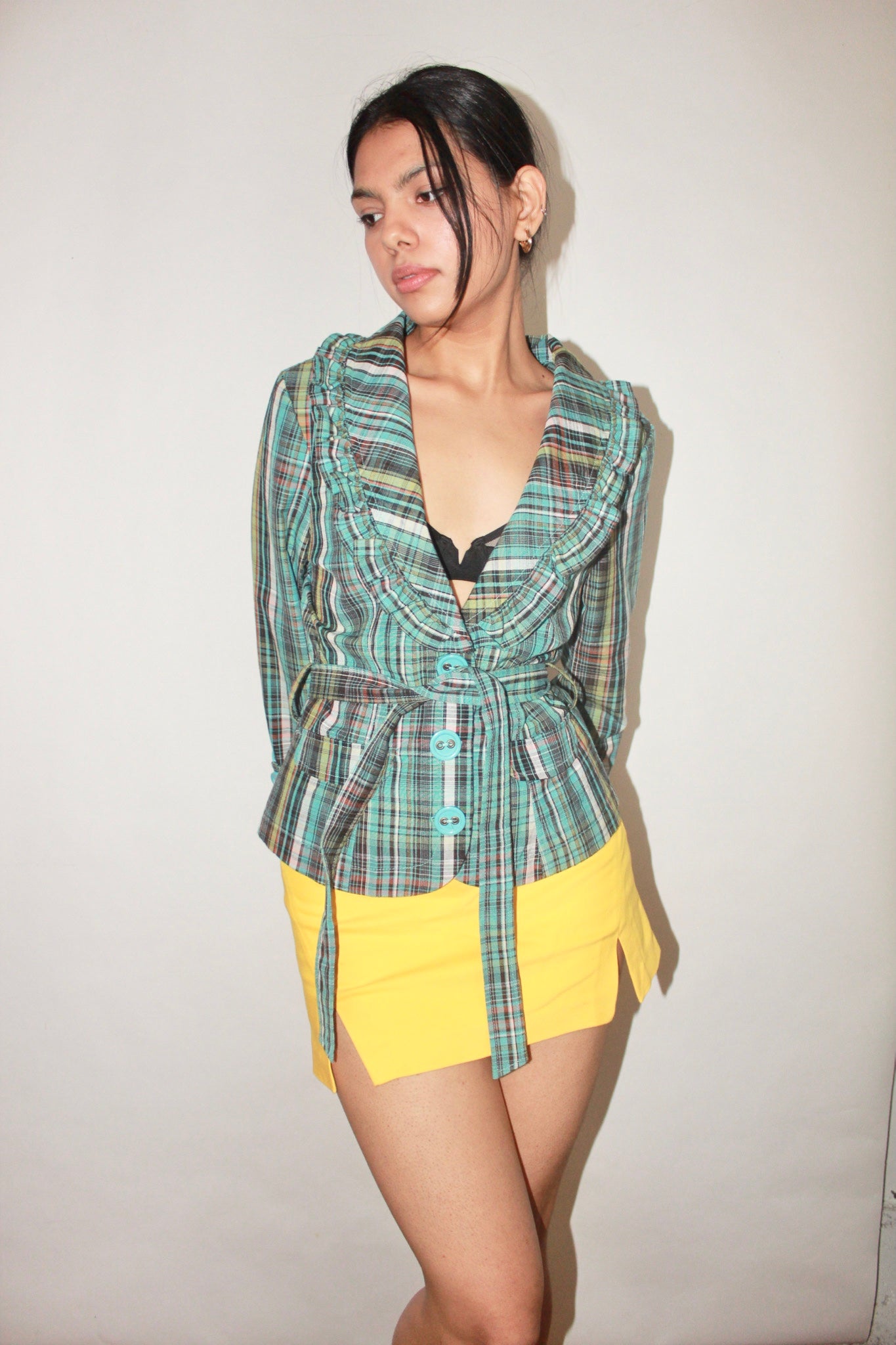 Vintage 90s Plaid Belted Blazer Top (S-M)