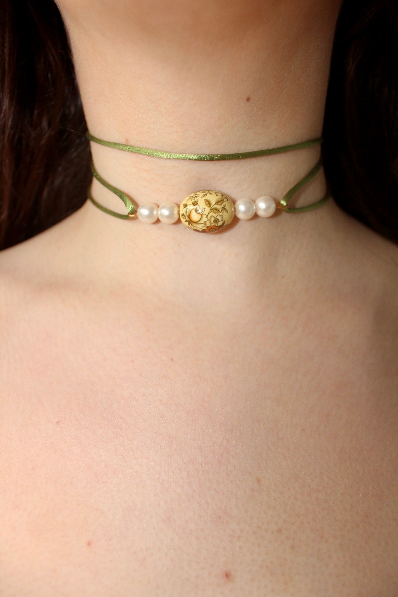 Floral Oval Yellow Cream Bead With Pearl Choker Strung On Charmeuse Green Cord