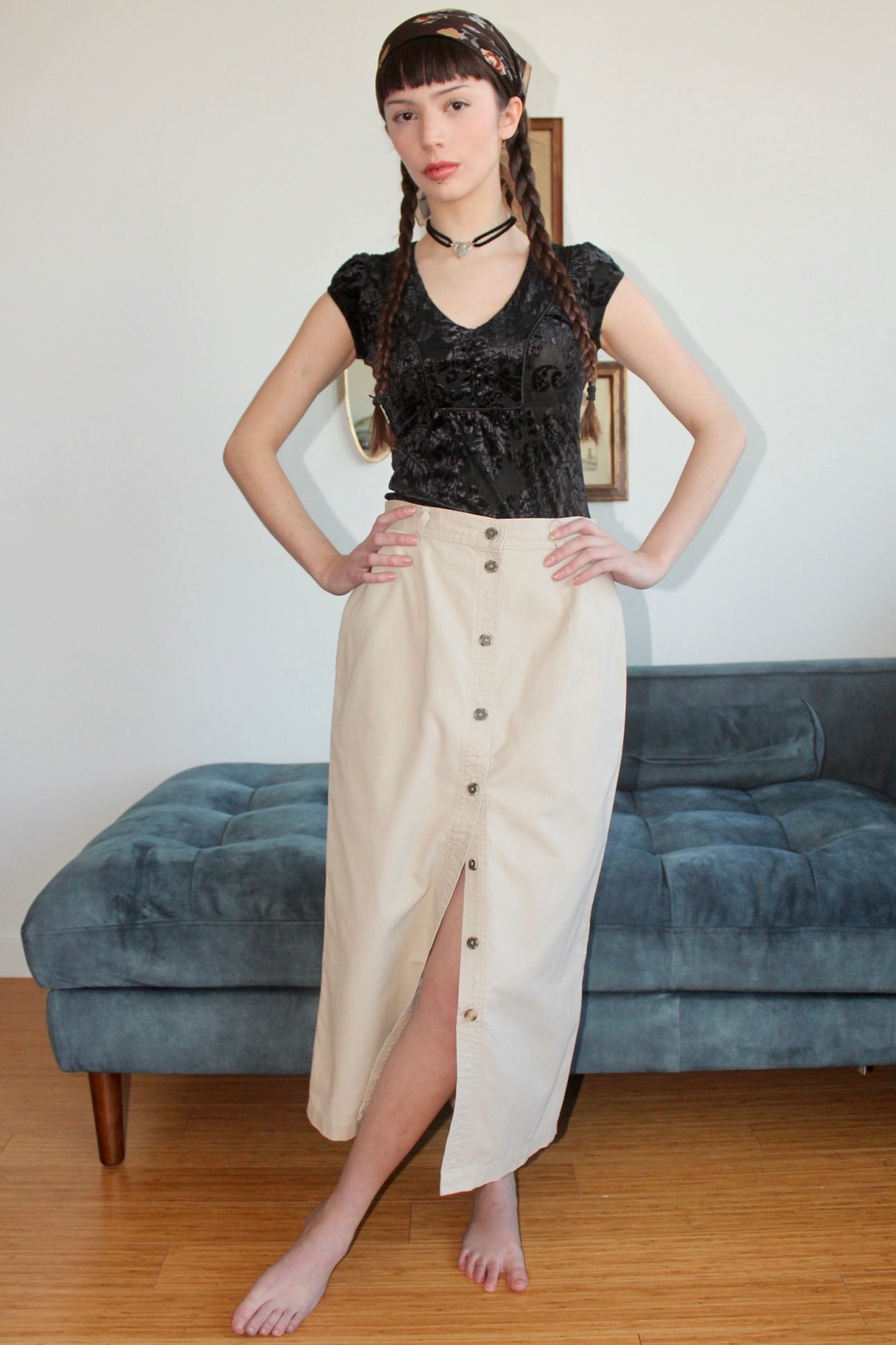 Vintage Button Up Khaki Midi Skirt (S-M)