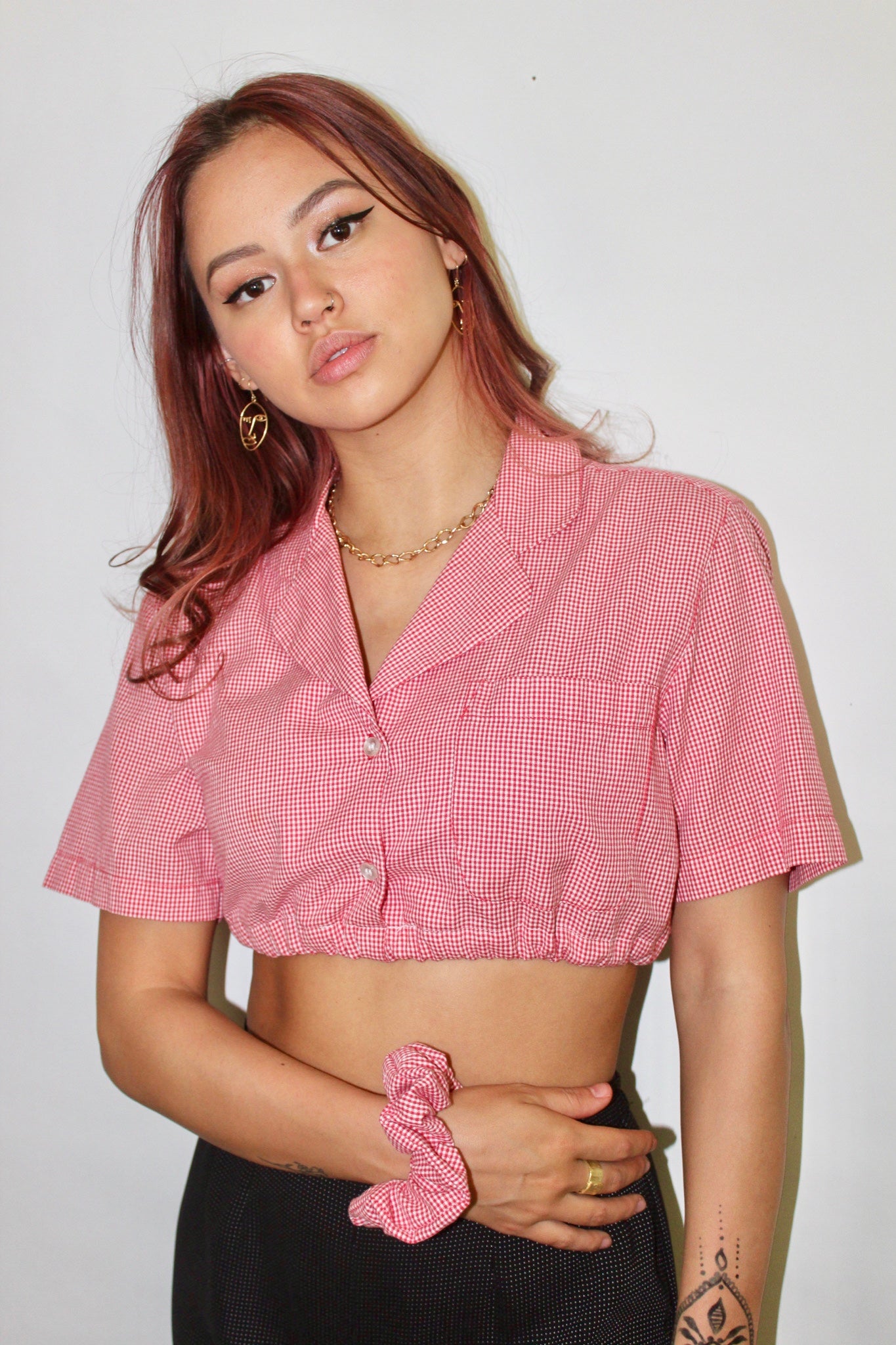 Vintage Cherry Plaid Crop w/ Scrunchie (M)