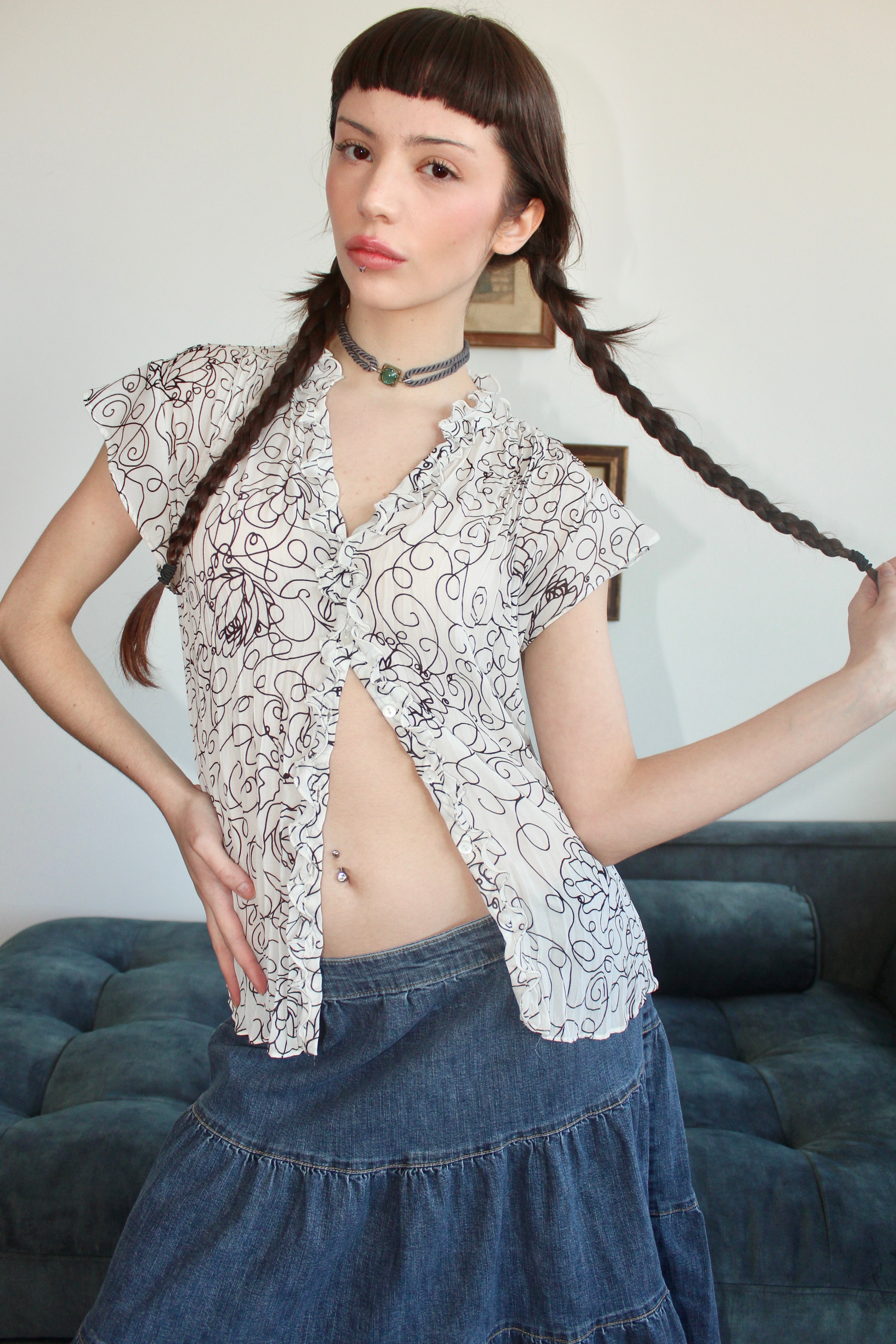 Vintage 90s Squiggle Gauzy Blouse (S)