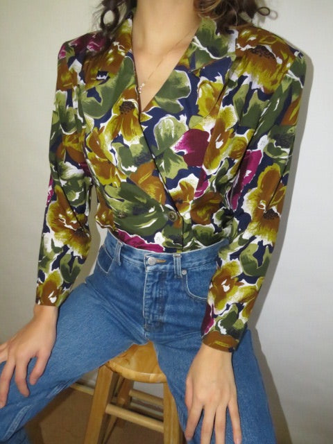 Vintage Double Breasted Brushstroke Blouse (M)